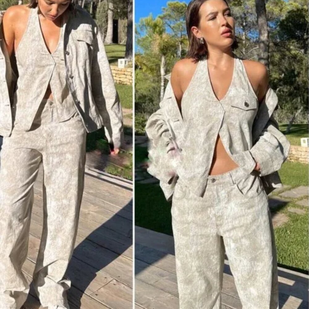 NWT ZARA 2 PIECES MATCH SET PRINTED LINEN BLEND TOP + PANTS